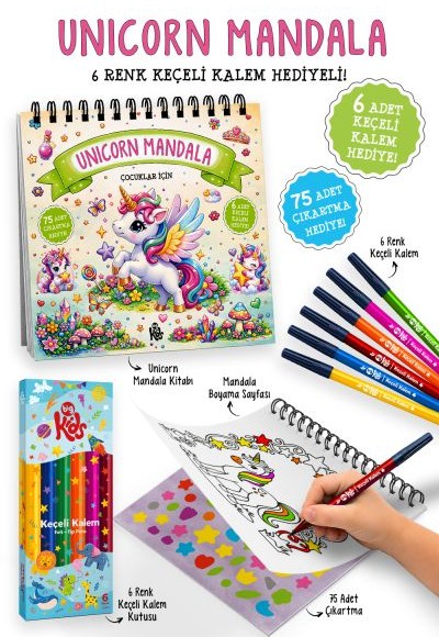 Unicorn Mandala - 6 Renk Keçeli Kalem ve 75 Adet Çıkartma Hediyeli 3+ Unicorn Mandala - 6 Renk Keçeli Kalem ve 75 Adet Çıkartma Hediyeli 3+