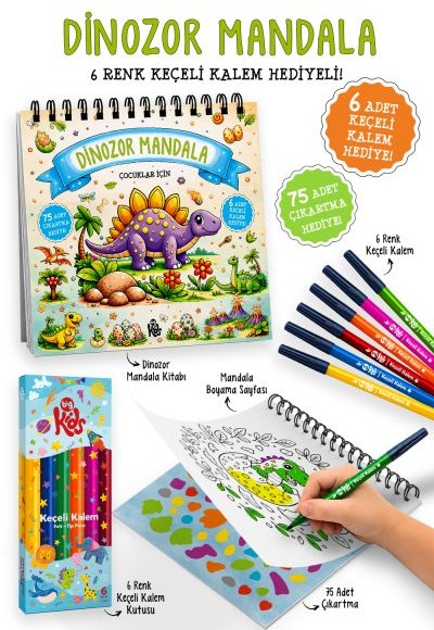 Dinozor Mandala - 6 Renk Keçeli Kalem ve 75 Adet Çıkartma Hediyeli 3+ Dinozor Mandala - 6 Renk Keçeli Kalem ve 75 Adet Çıkartma Hediyeli 3+