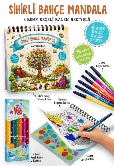 Sihirli Bahçe Mandala - 6 Renk Keçeli Kalem ve 75 Adet Çıkartma Hediyeli 3+ Sihirli Bahçe Mandala - 6 Renk Keçeli Kalem ve 75 Adet Çıkartma Hediyeli 3+