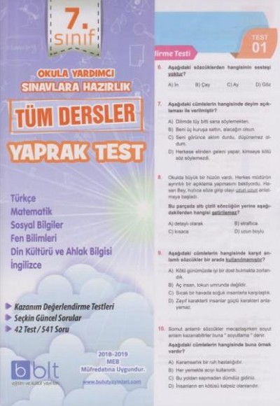 Bulut 7. Sınıf Tüm Dersler Yaprak Test