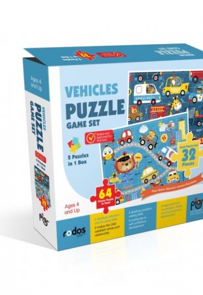 Vehicles Puzzle Game Set - 2 Puzzles in 1 Box - 64 Pieces Puzzle in Total - Ages 4+
