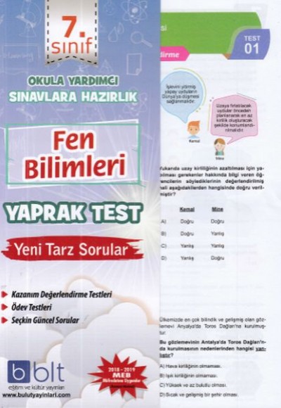 Bulut 7. Sınıf Fen Bilimleri Yaprak Test (Yeni)