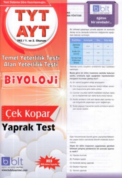 Bulut TYT AYT Biyoloji Yaprak Test 1. ve 2. Oturum (Yeni)