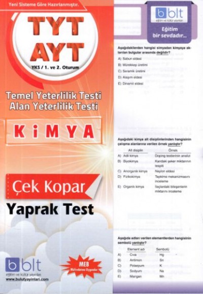 Bulut TYT AYT Kimya Yaprak Test 1. ve 2. Oturum ( Yeni)